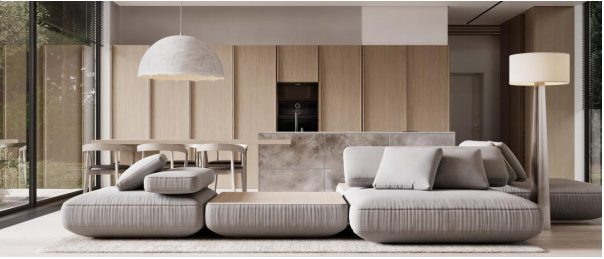 Choosing the Best Graphics Card for Your Rendering Needs Architectural visualization of a living room lounge area with three pillow-like seating areas, a small table with three chairs, and a large lamp.